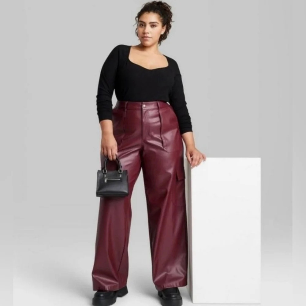 ✨️4/$20  Faux Leather Burgundy Wine Wide Leg Cargo Pants, Elastic Back Waist